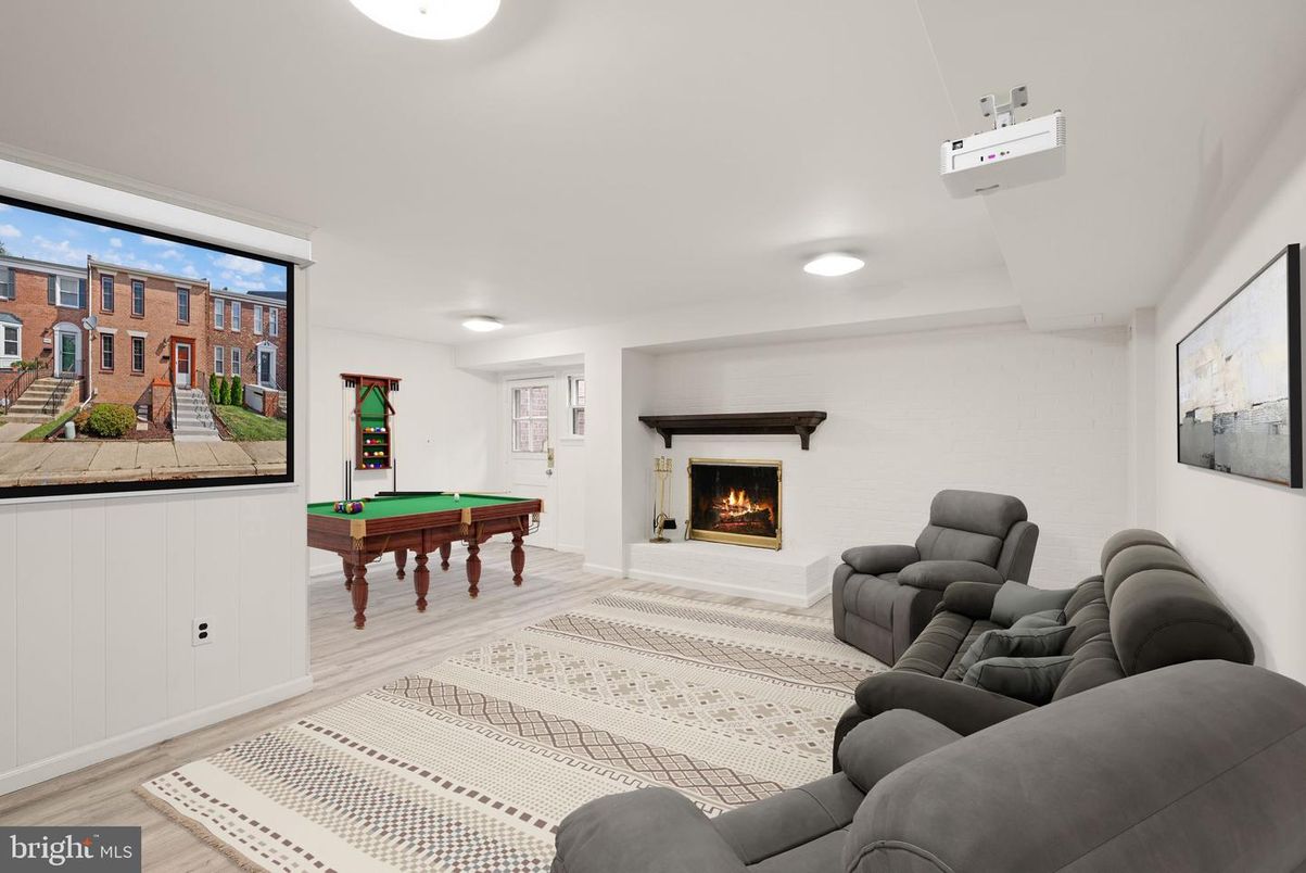 Billiard Table, Fireplace, Game Room, Interior, Living room, Recessed Lighting, Wood Texture Flooring