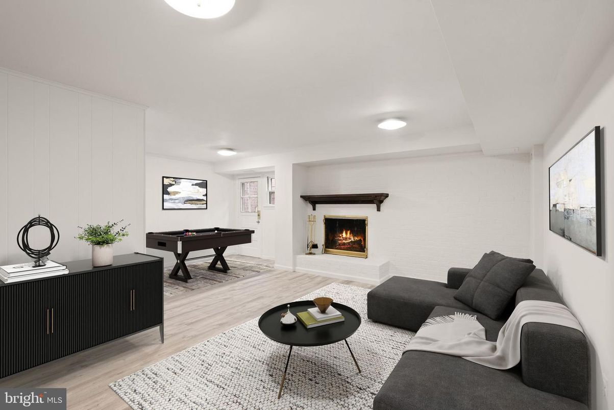 Billiard Table, Fireplace, Game Room, Interior, Living room, Recessed Lighting, Wood Texture Flooring