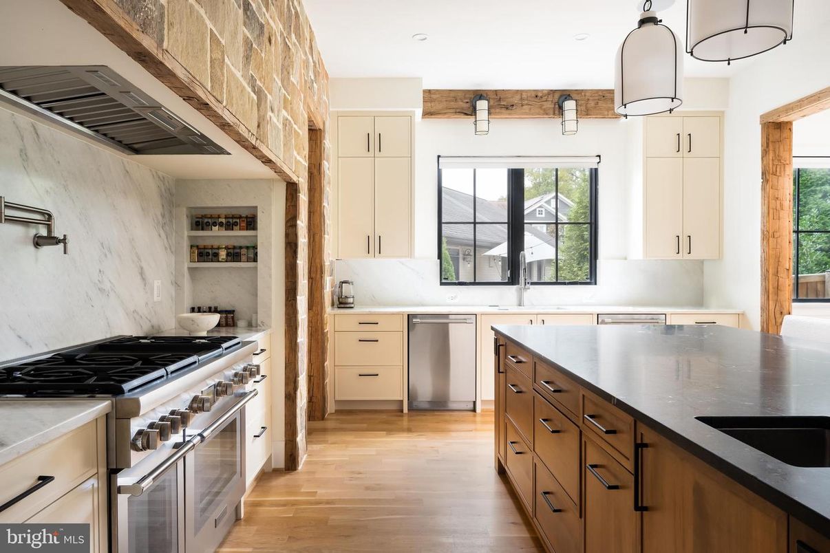 Interior, Kitchen, Marble Walls, Recessed Lighting, Stainless Steel Appliances, Wood Texture Flooring