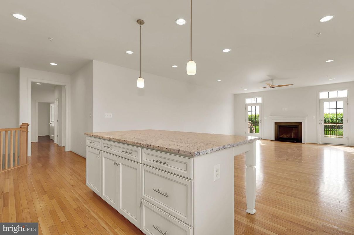 Empty room, Fireplace, Interior, Pendant Lights, Recessed Lighting, Wood Texture Flooring