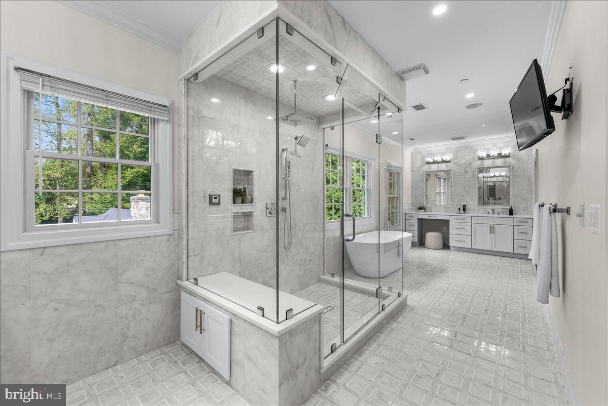 Bathroom, Free Standing Baths, Glass Shower, Interior, Marble Walls, Recessed Lighting