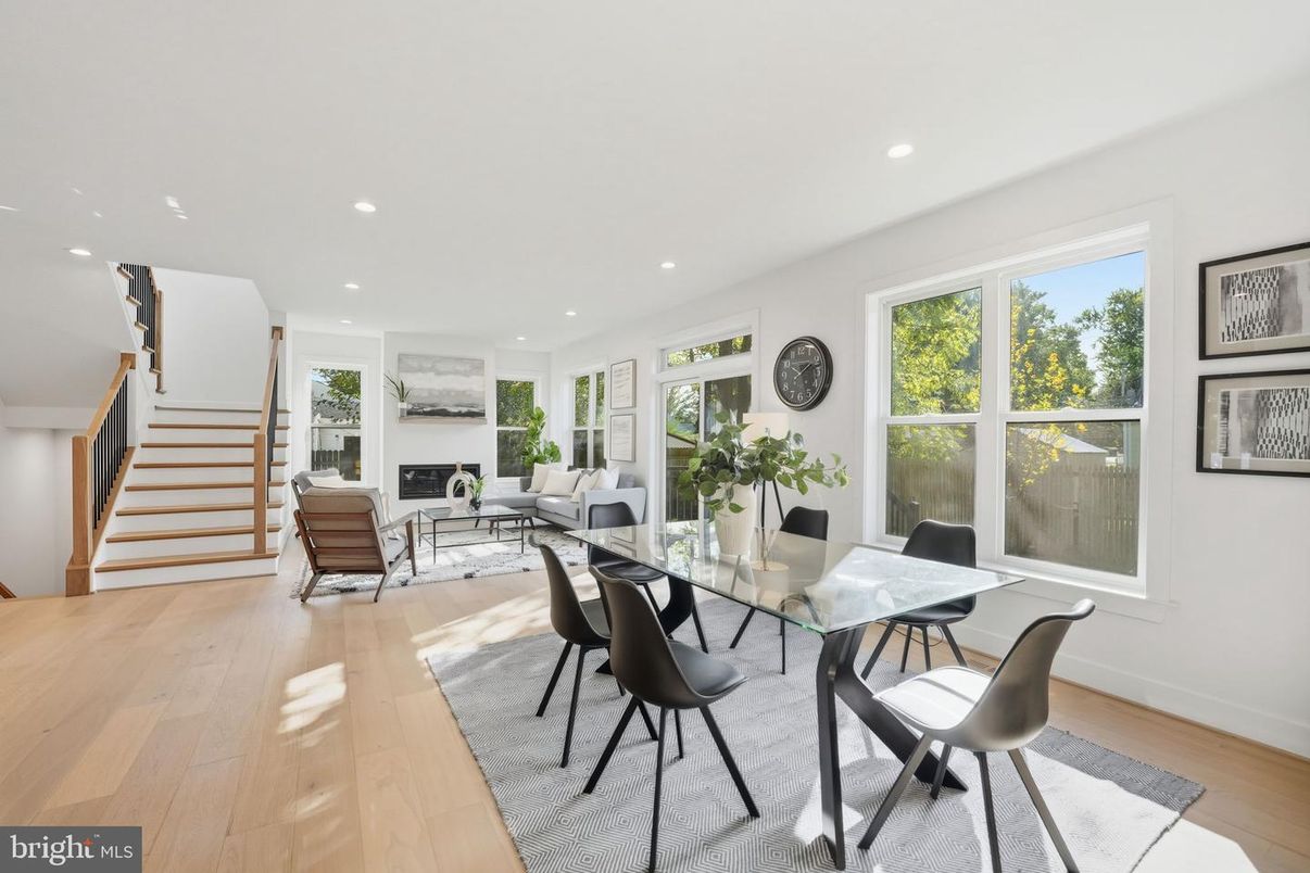 Dining room, Fireplace, Interior, Living room, Recessed Lighting, Wood Texture Flooring