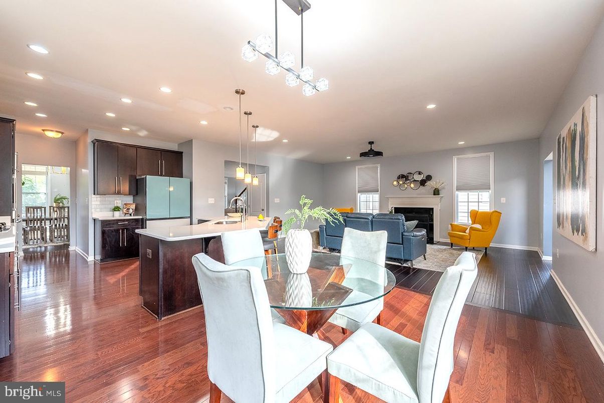 Dining room, Fireplace, Interior, Kitchen, Living room, Pendant Lights, Recessed Lighting, Wood Texture Flooring