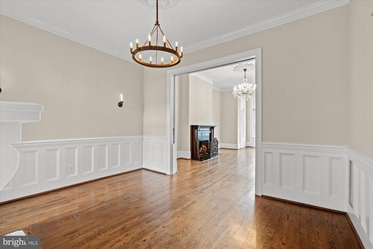 Chandelier, Empty room, Fireplace, Interior, Wood Texture Flooring