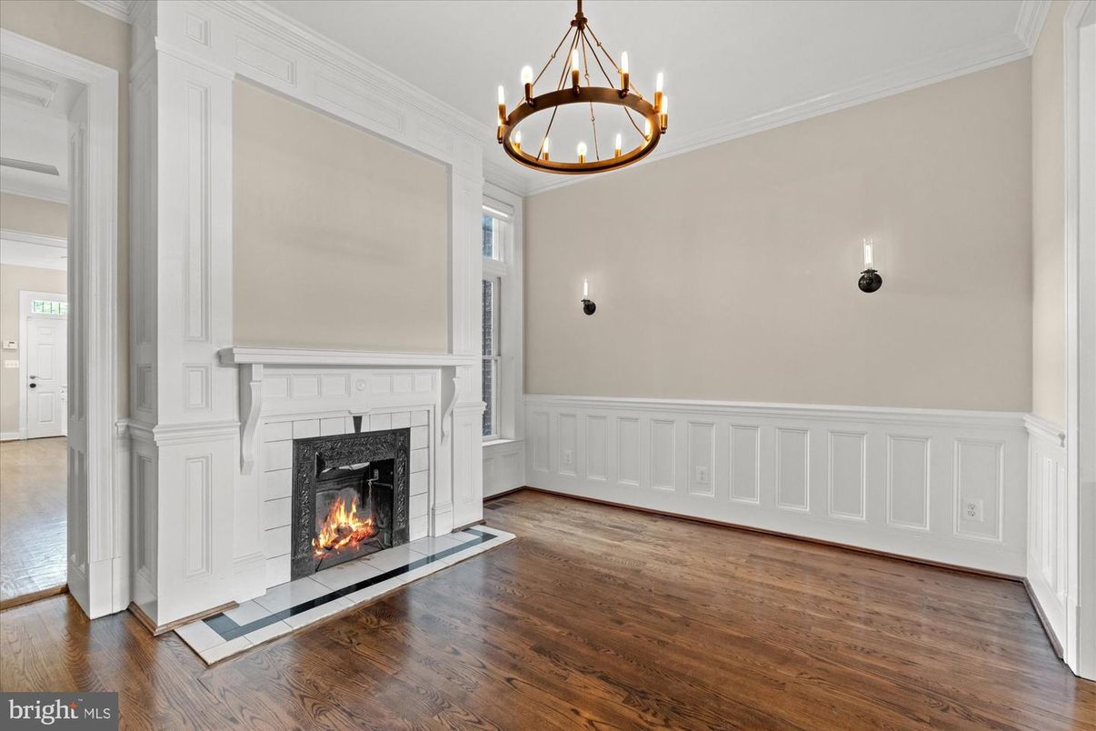 Chandelier, Empty room, Fireplace, Interior, Pendant Lights, Wood Texture Flooring