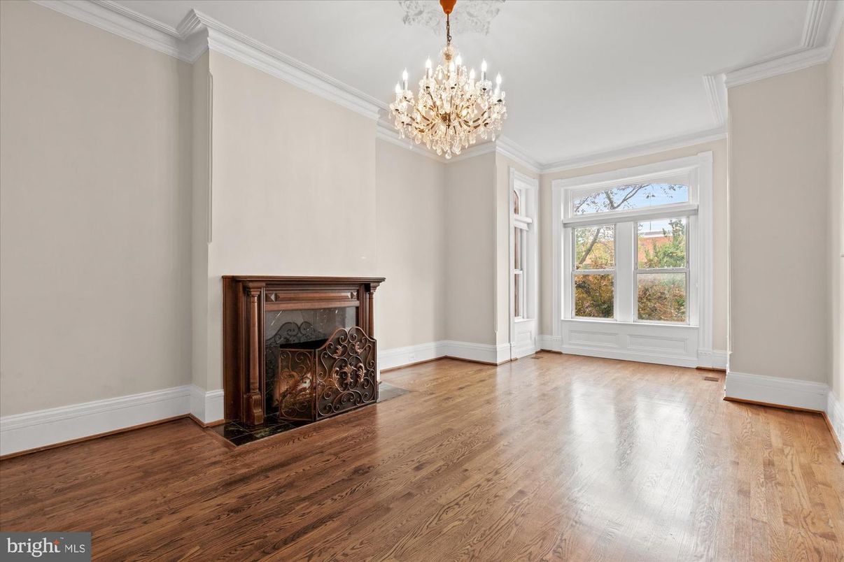Chandelier, Empty room, Fireplace, Interior, Wood Texture Flooring