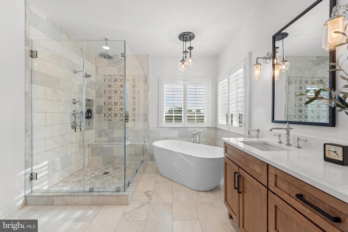 Bathroom, Dual Sink Vanities, Free Standing Baths, Glass Shower, Interior, Marble, Pendant Lights