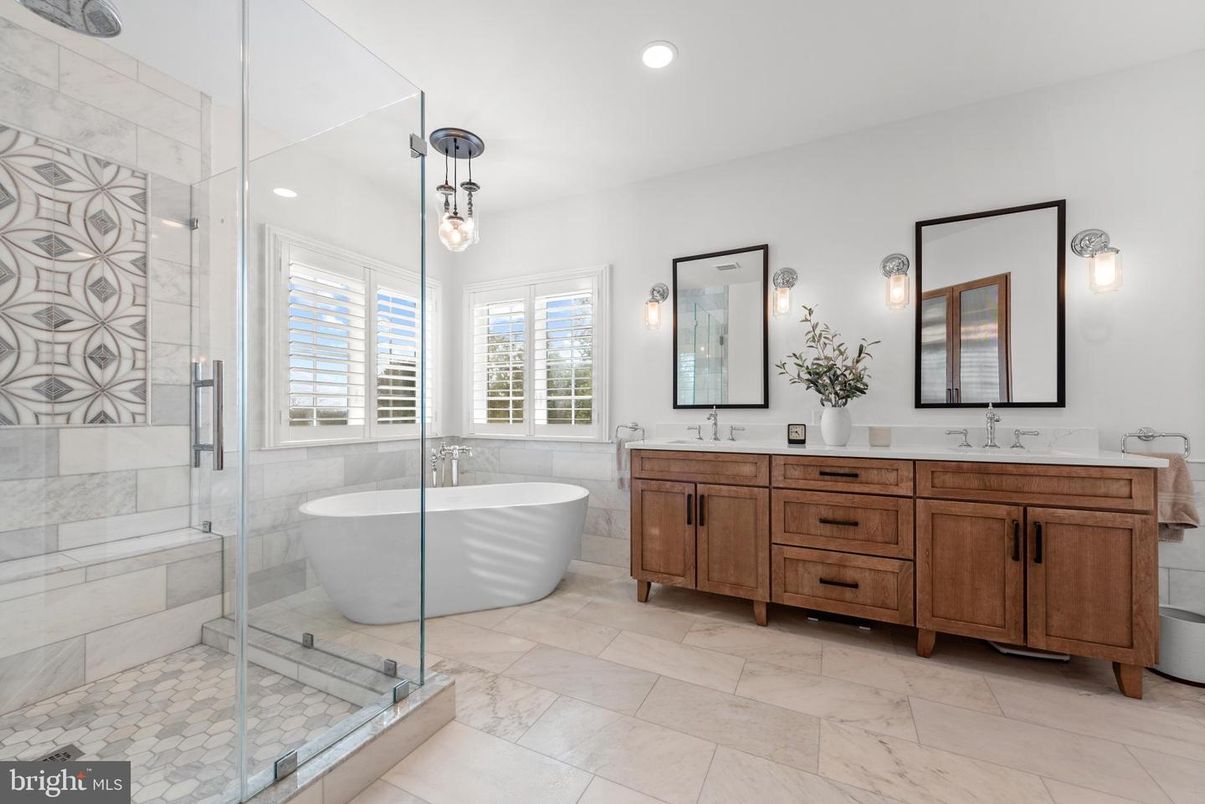 Bathroom, Dual Sink Vanities, Free Standing Baths, Glass Shower, Interior, Marble, Pendant Lights, Recessed Lighting