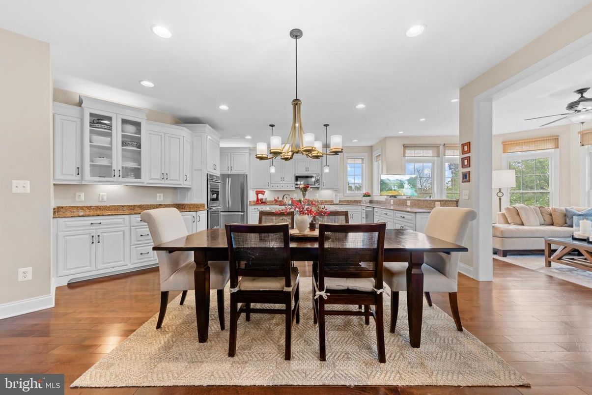 Chandelier, Dining room, Interior, Kitchen, Living room, Pendant Lights, Recessed Lighting, Wood Texture Flooring