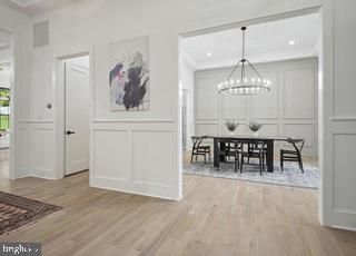 Chandelier, Dining room, Interior, Pendant Lights, Recessed Lighting, Wood Texture Flooring
