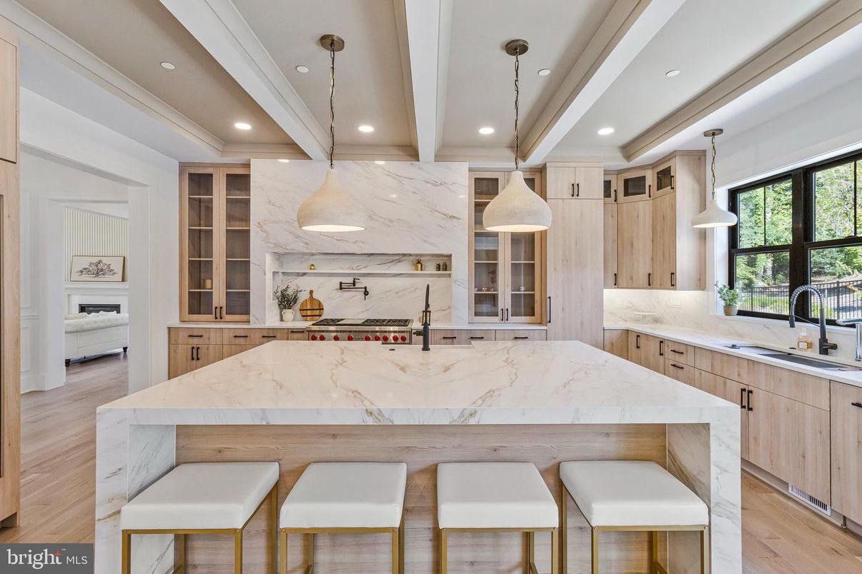 Interior, Kitchen, Marble Walls, Pendant Lights, Recessed Lighting, Wood Texture Flooring