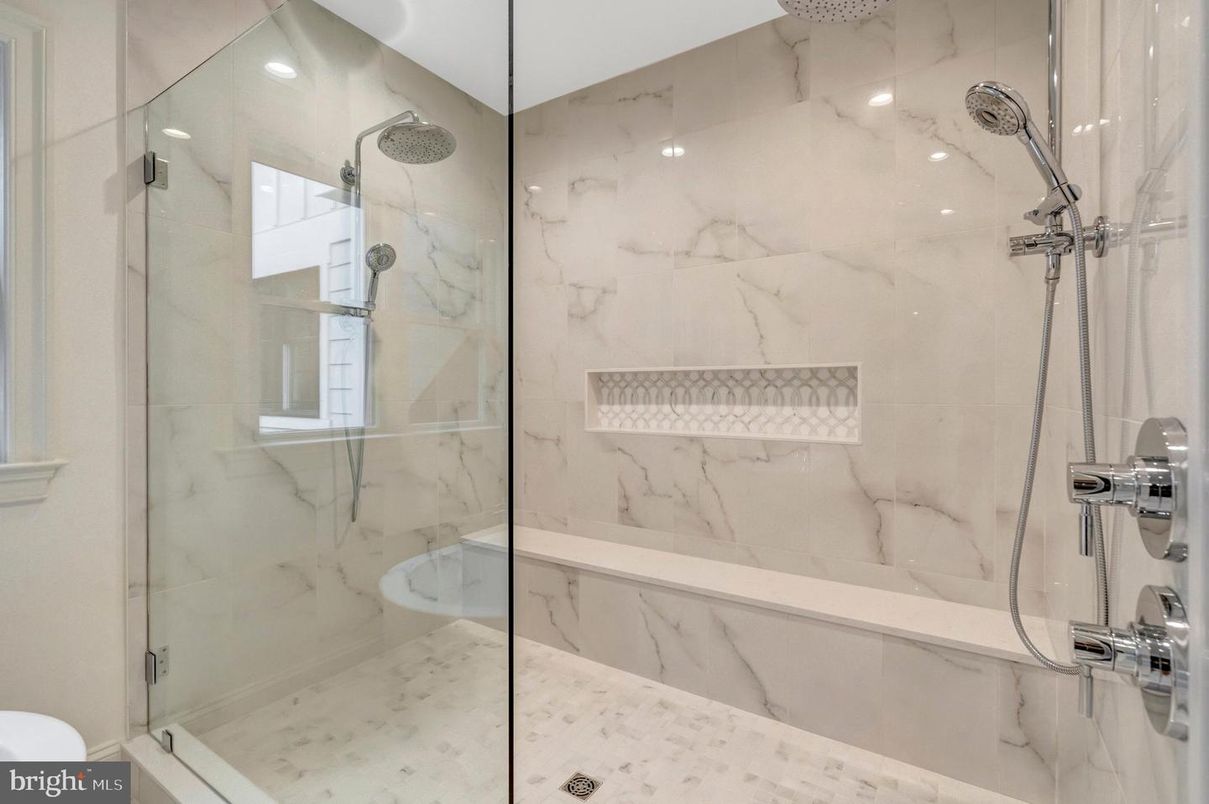 Bathroom, Glass Shower, Interior, Marble Walls, Recessed Lighting