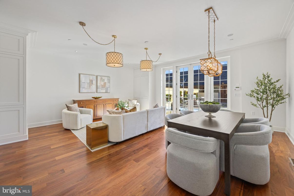 Dining room, Interior, Living room, Pendant Lights, Wood Texture Flooring