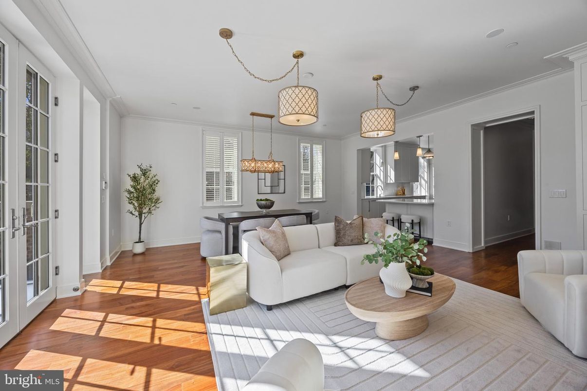 Dining room, Interior, Living room, Pendant Lights, Wood Texture Flooring