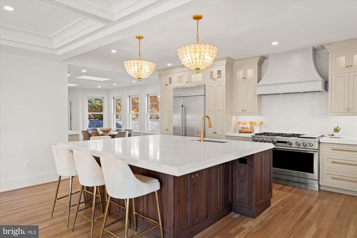 Chandelier, Interior, Kitchen, Pendant Lights, Recessed Lighting, Stainless Steel Appliances, Wood Texture Flooring