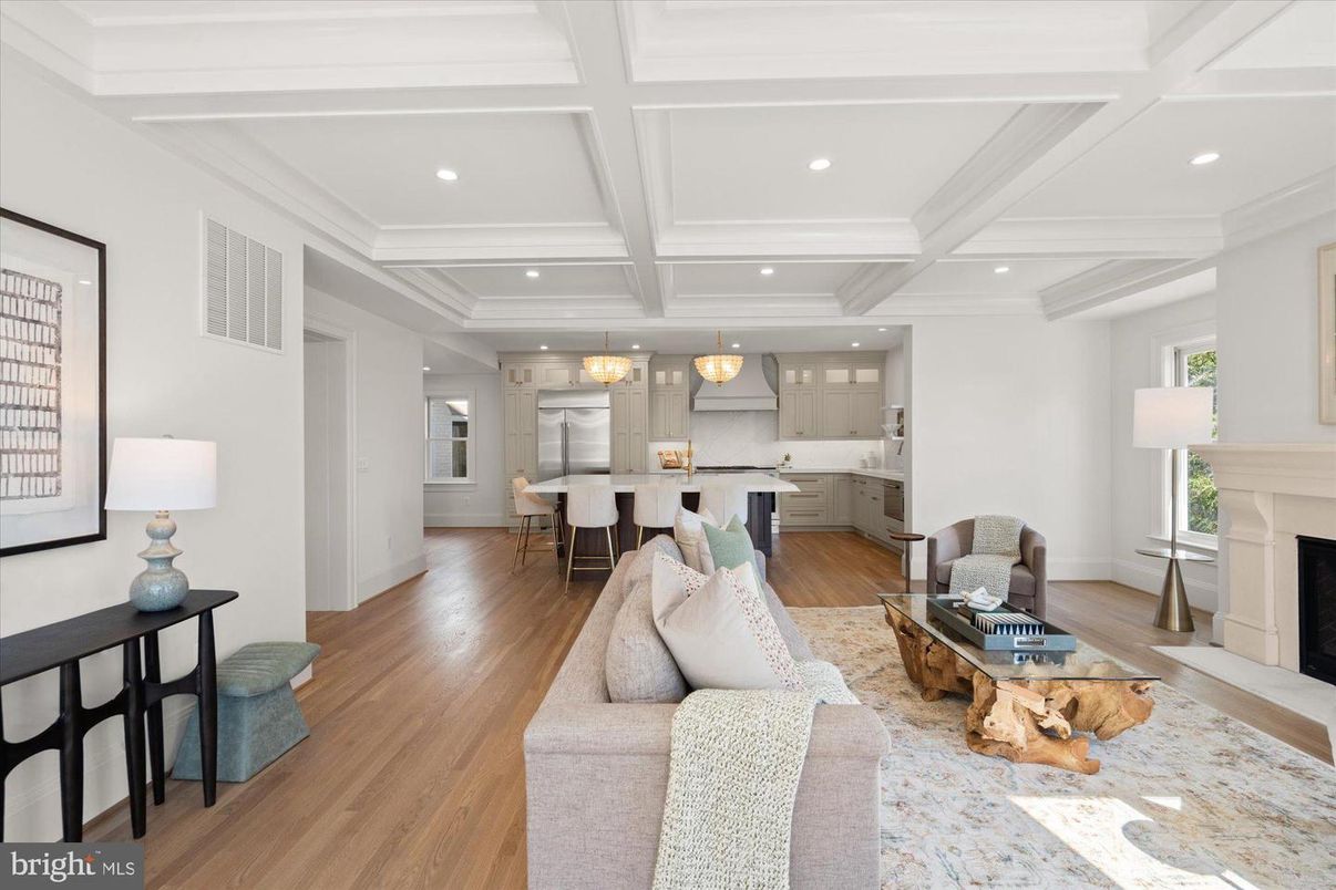 Dining room, Fireplace, Interior, Kitchen, Living room, Pendant Lights, Recessed Lighting, Wood Texture Flooring