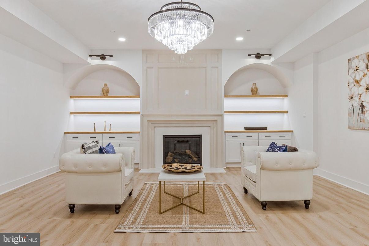 Chandelier, Fireplace, Interior, Living room, Recessed Lighting, Wood Texture Flooring