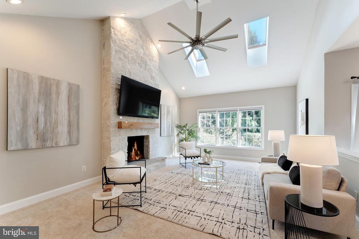 Fireplace, Interior, Living room, Recessed Lighting, Stone Walls