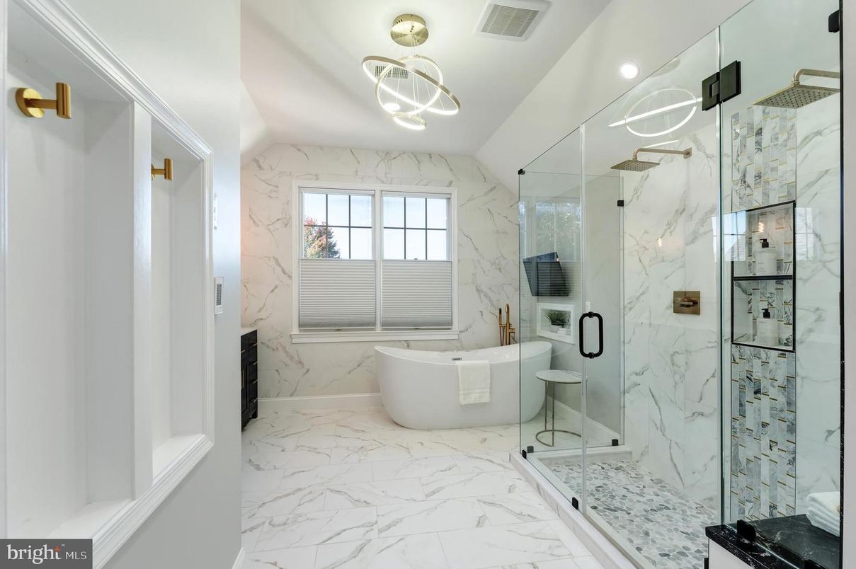 Bathroom, Free Standing Baths, Glass Shower, Interior, Marble, Marble Walls, Recessed Lighting