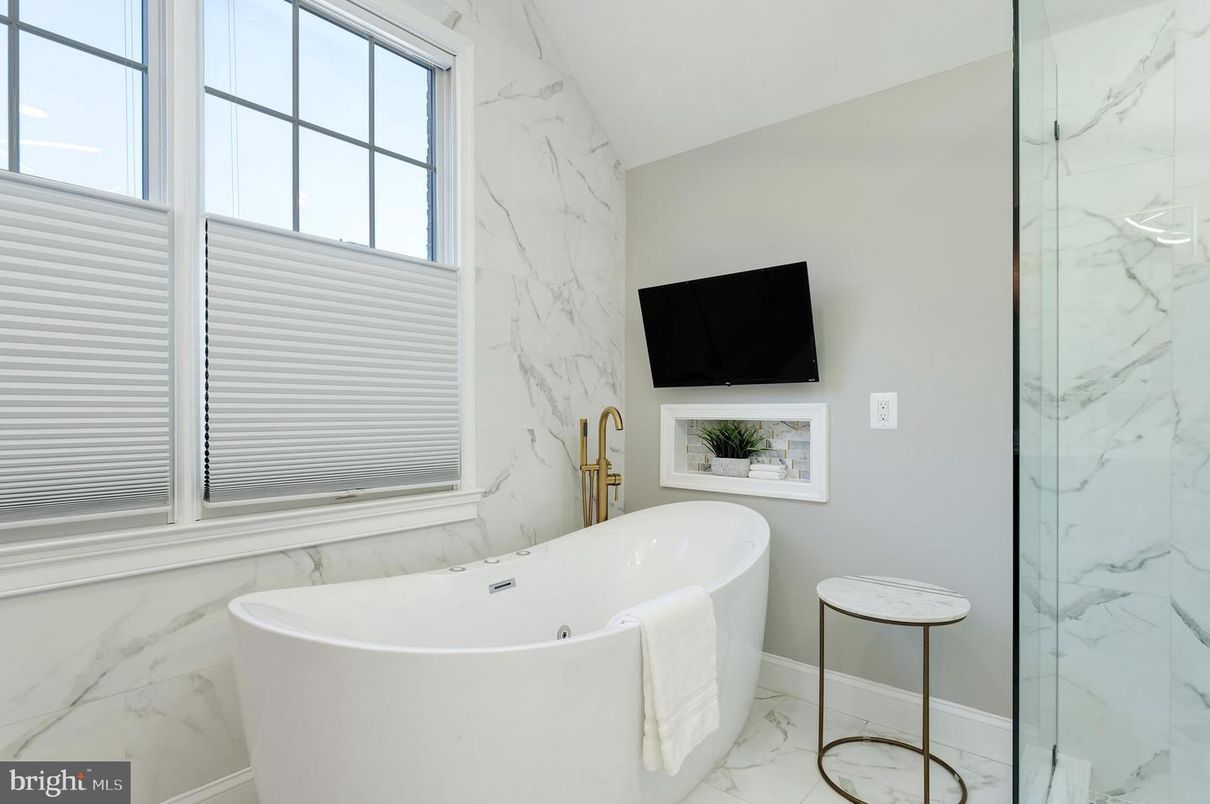 Bathroom, Free Standing Baths, Glass Shower, Interior, Marble, Marble Walls