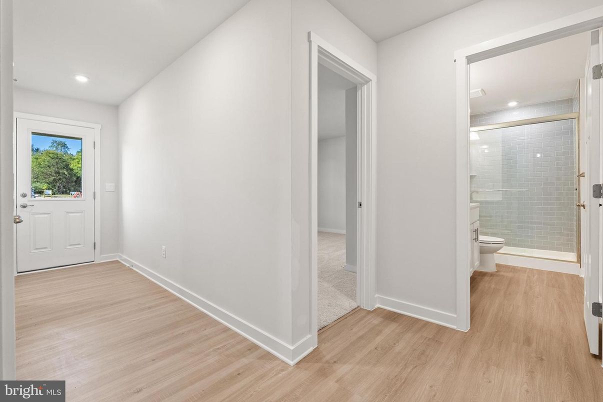 Bathroom, Glass Shower, Interior, Recessed Lighting, Wood Texture Flooring