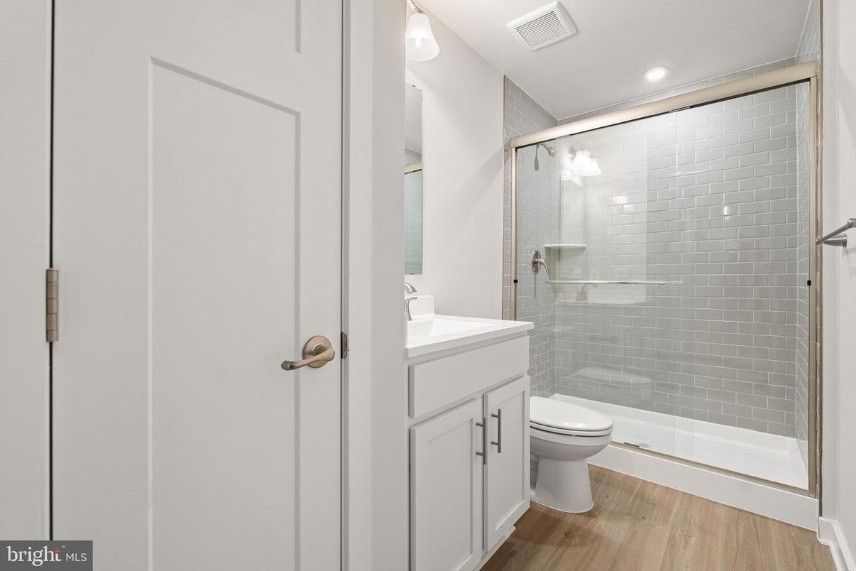 Bathroom, Glass Shower, Interior, Recessed Lighting, Wood Texture Flooring