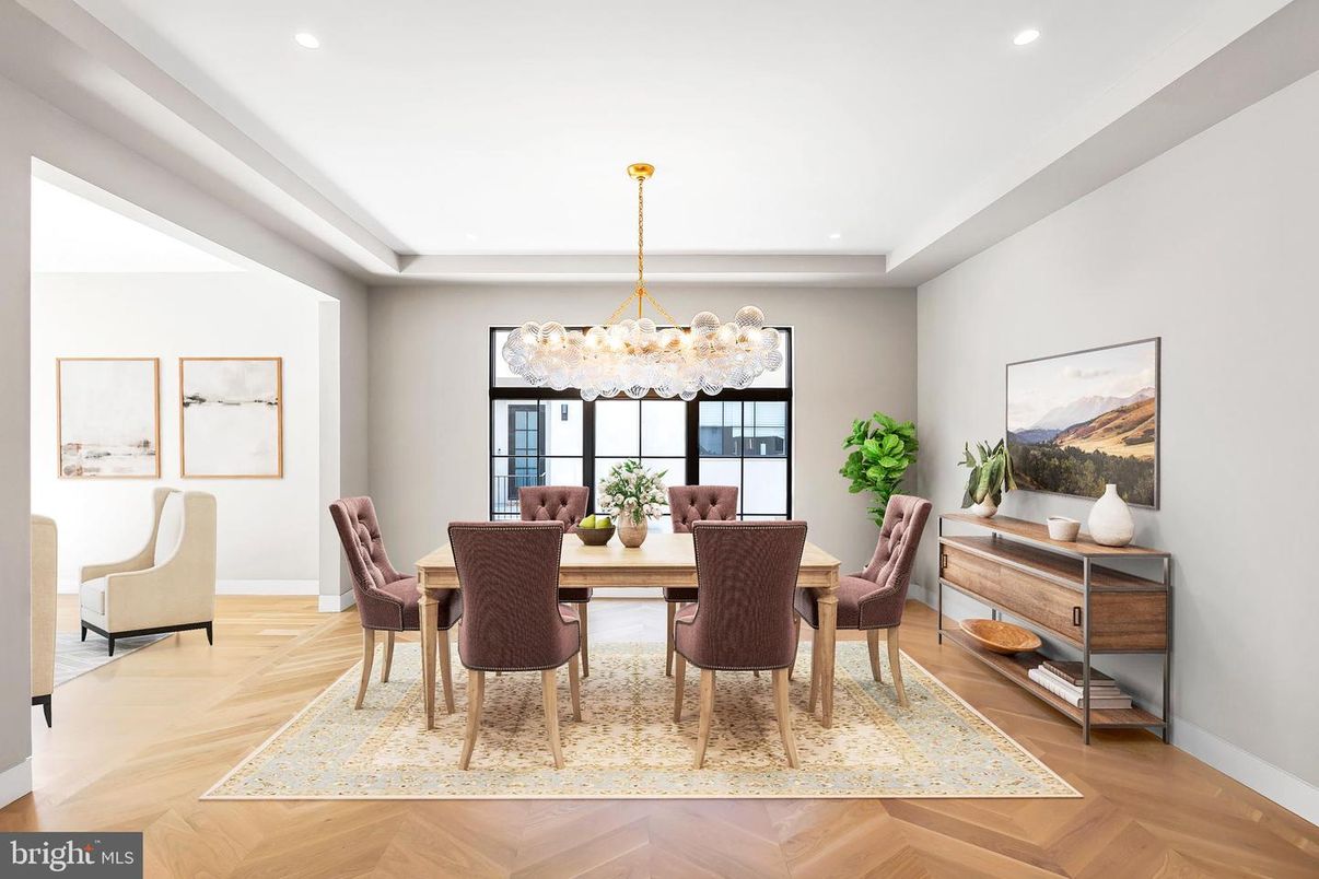 Chandelier, Dining room, Interior, Recessed Lighting, Wood Texture Flooring
