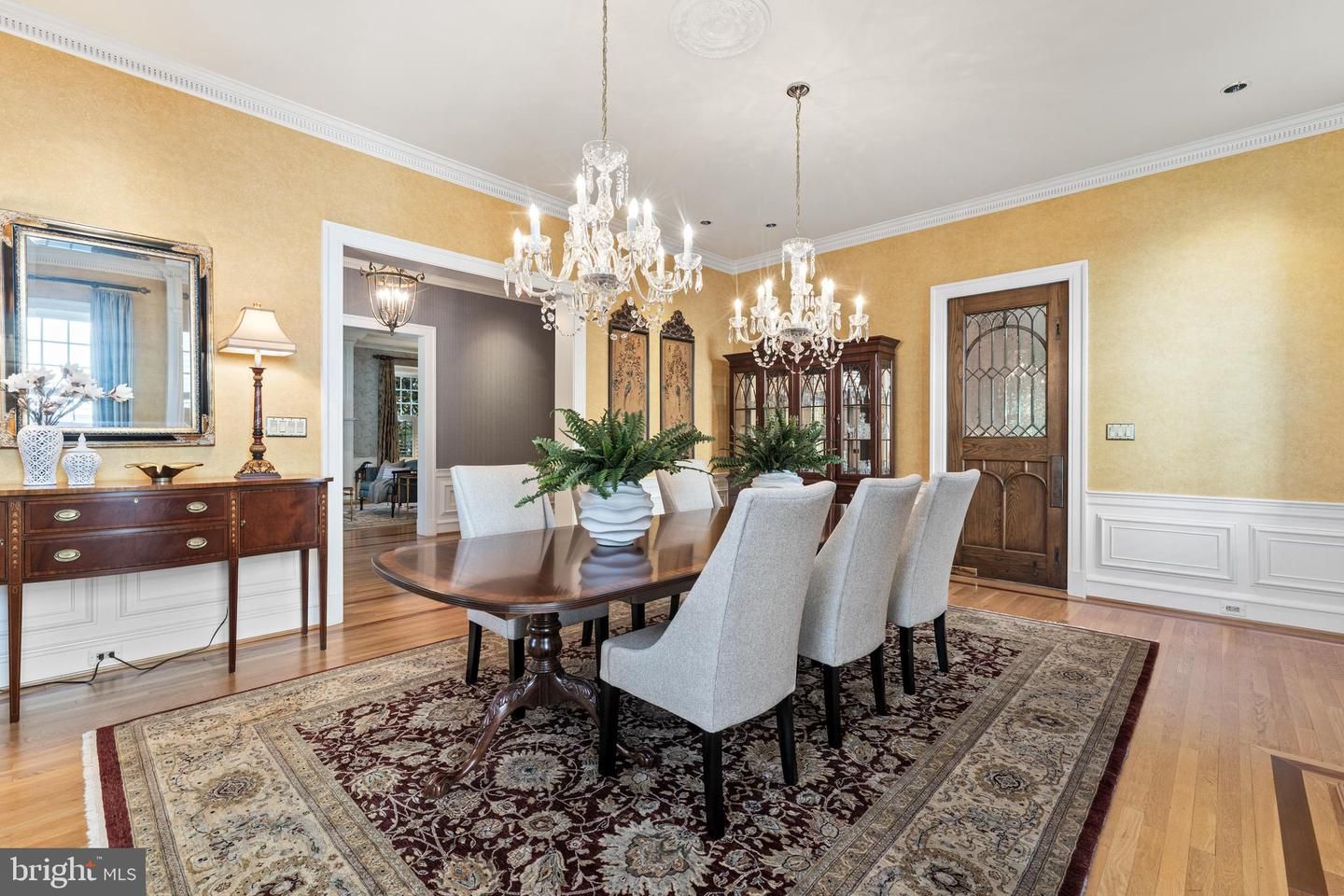 Chandelier, Dining room, Interior, Wood Texture Flooring