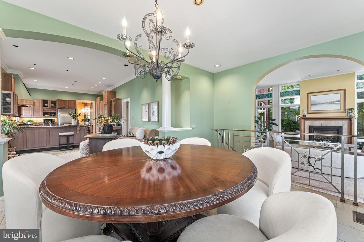 Chandelier, Dining room, Fireplace, Interior, Kitchen, Recessed Lighting