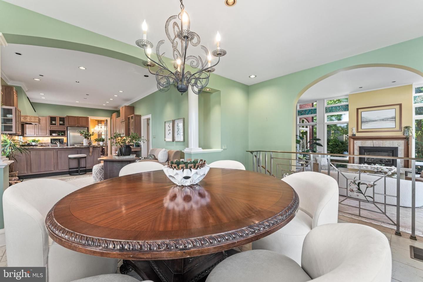 Chandelier, Dining room, Fireplace, Interior, Kitchen, Recessed Lighting