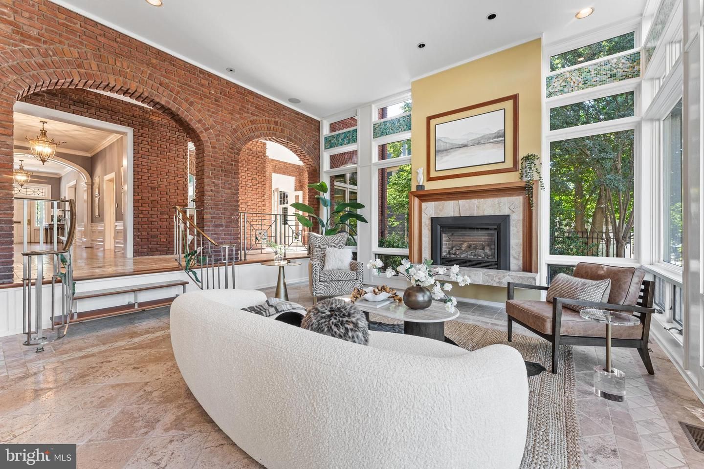 Fireplace, Interior, Living room, Recessed Lighting, Stone Walls