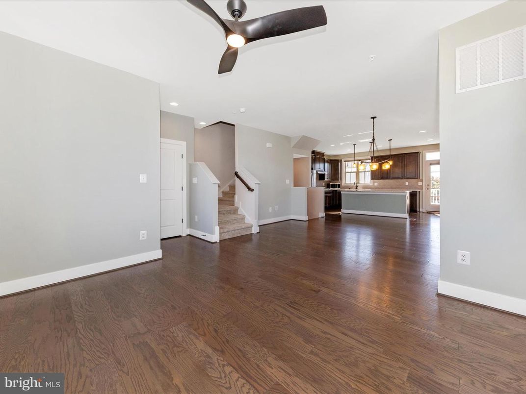 Empty room, Interior, Kitchen, Pendant Lights, Recessed Lighting, Wood Texture Flooring