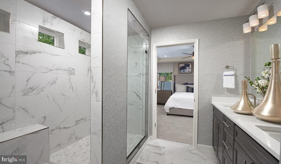 Bathroom, Bedroom, Glass Shower, Interior, Marble, Marble Walls, Recessed Lighting