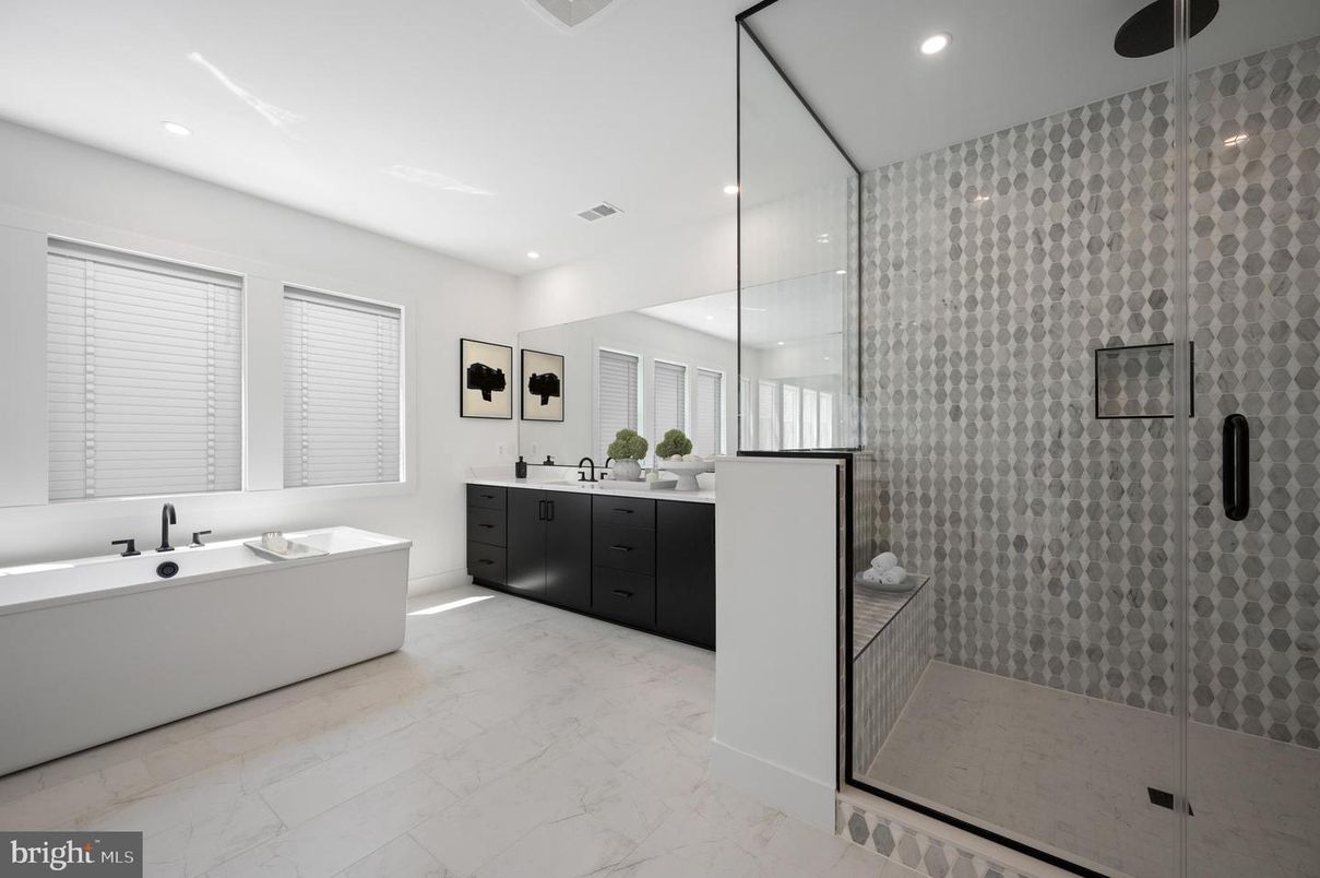 Bathroom, Dual Sink Vanities, Free Standing Baths, Glass Shower, Interior, Marble, Recessed Lighting