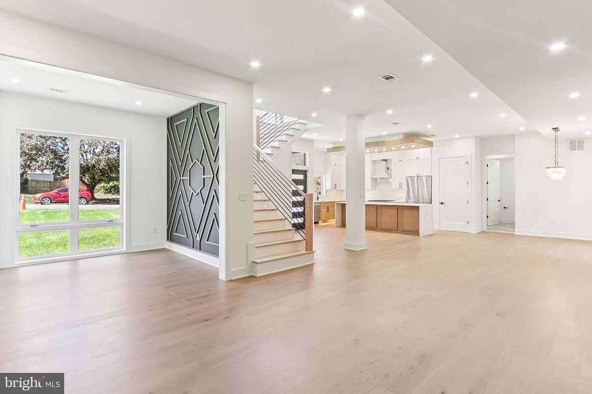 Empty room, Interior, Kitchen, Pendant Lights, Recessed Lighting, Wood Texture Flooring