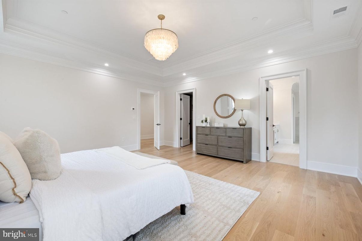 Bedroom, Chandelier, Interior, Recessed Lighting, Wood Texture Flooring
