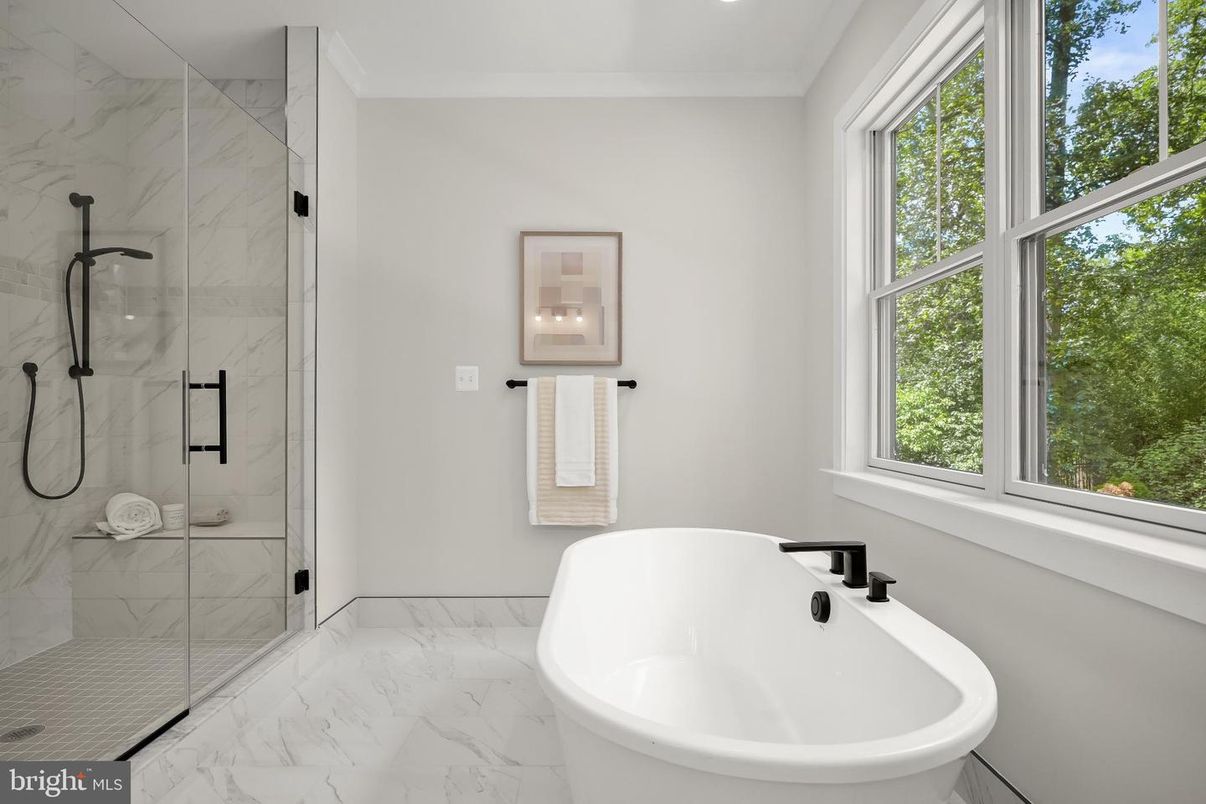 Bathroom, Free Standing Baths, Glass Shower, Interior, Marble, Marble Walls, Recessed Lighting