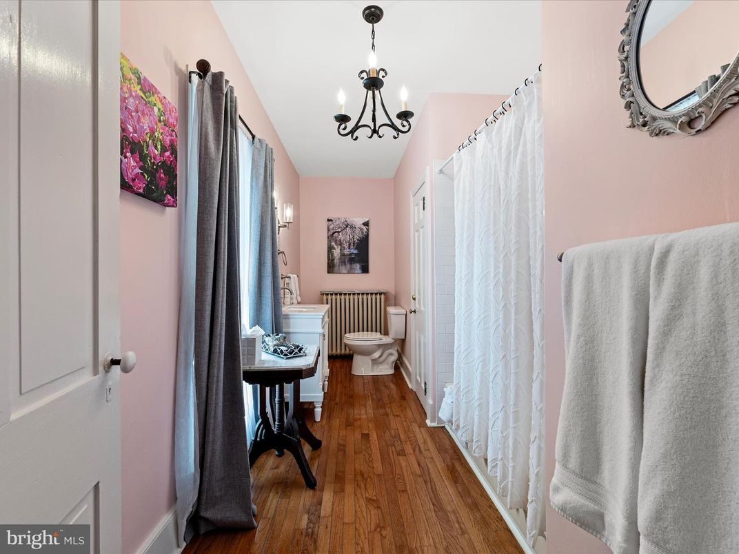Bathroom, Chandelier, Interior, Wood Texture Flooring