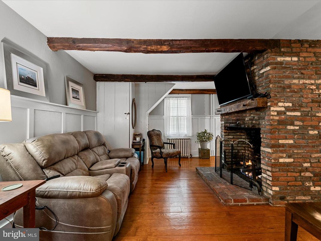 Fireplace, Interior, Living room, Stone Walls, Wooden Beams, Wood Texture Flooring