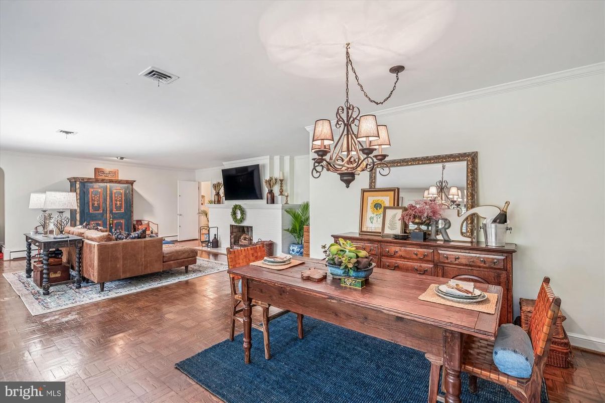 Chandelier, Dining room, Fireplace, Interior, Living room, Wood Texture Flooring