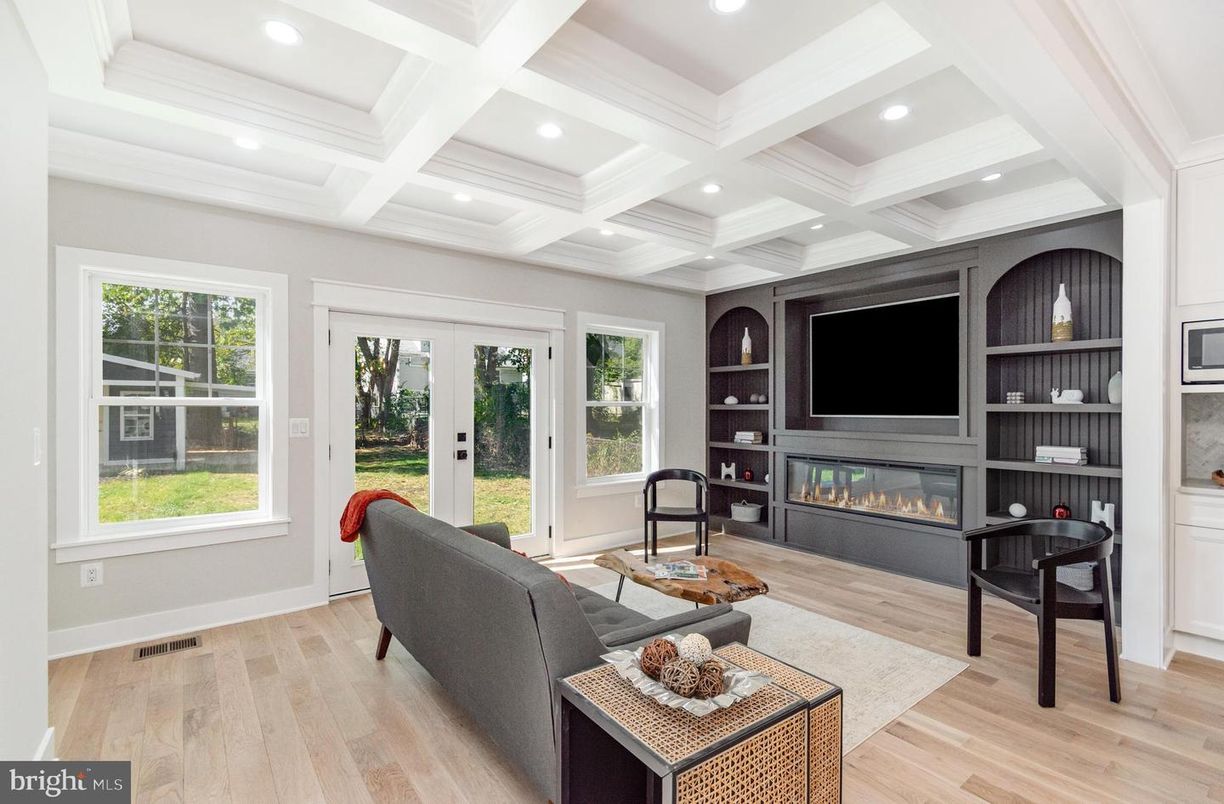 Fireplace, Home Office, Interior, Living room, Recessed Lighting, Wood Texture Flooring