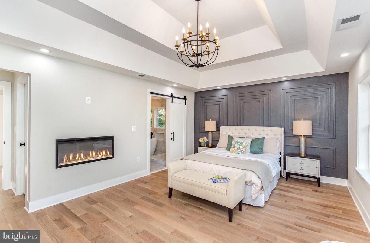 Bedroom, Chandelier, Fireplace, Interior, Pendant Lights, Recessed Lighting, Wood Texture Flooring
