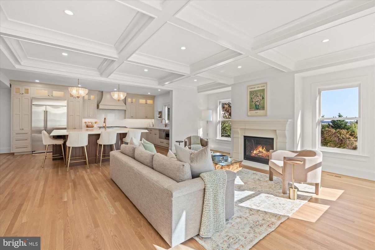 Fireplace, Interior, Kitchen, Living room, Pendant Lights, Recessed Lighting, Stainless Steel Appliances, Wood Texture Flooring