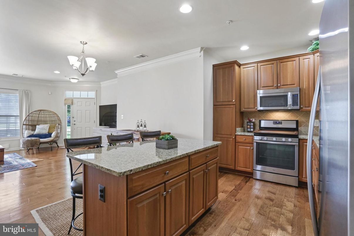 Chandelier, Interior, Kitchen, Recessed Lighting, Stainless Steel Appliances, Wood Texture Flooring