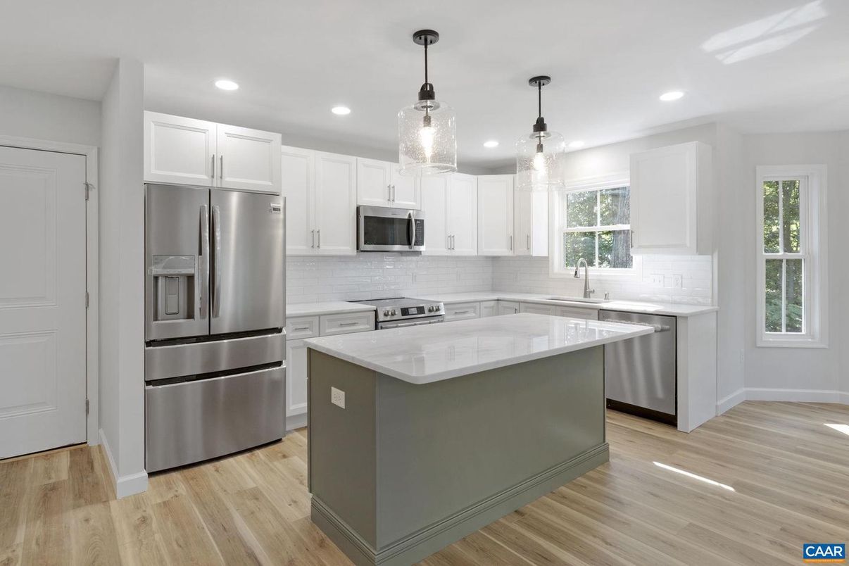 Interior, Kitchen, Pendant Lights, Recessed Lighting, Stainless Steel Appliances, Wood Texture Flooring