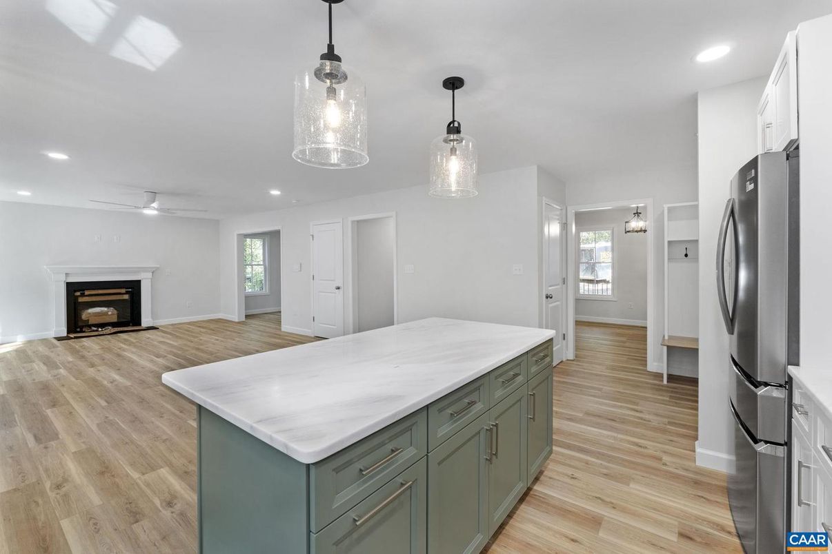 Fireplace, Interior, Kitchen, Pendant Lights, Recessed Lighting, Wood Texture Flooring