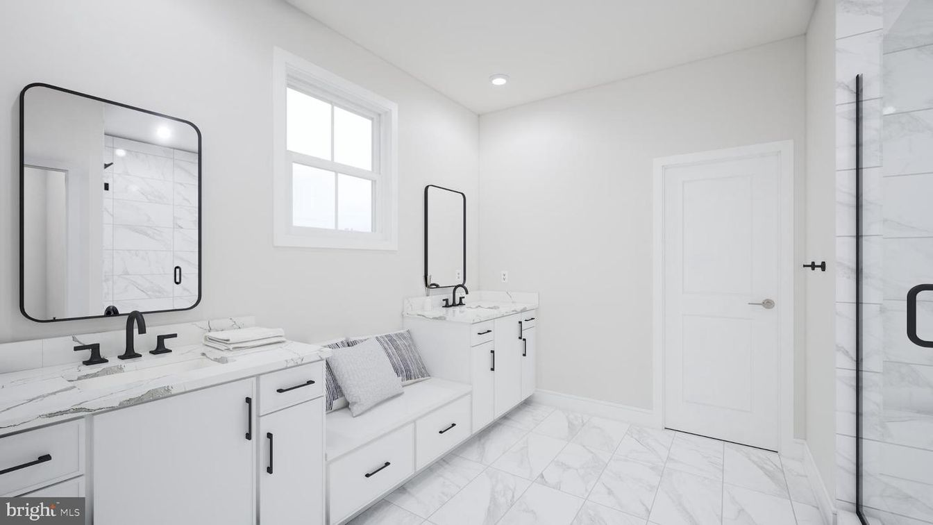 Bathroom, Dual Sink Vanities, Glass Shower, Interior, Marble, Recessed Lighting