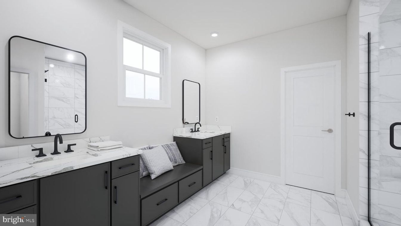 Bathroom, Dual Sink Vanities, Glass Shower, Interior, Marble, Recessed Lighting