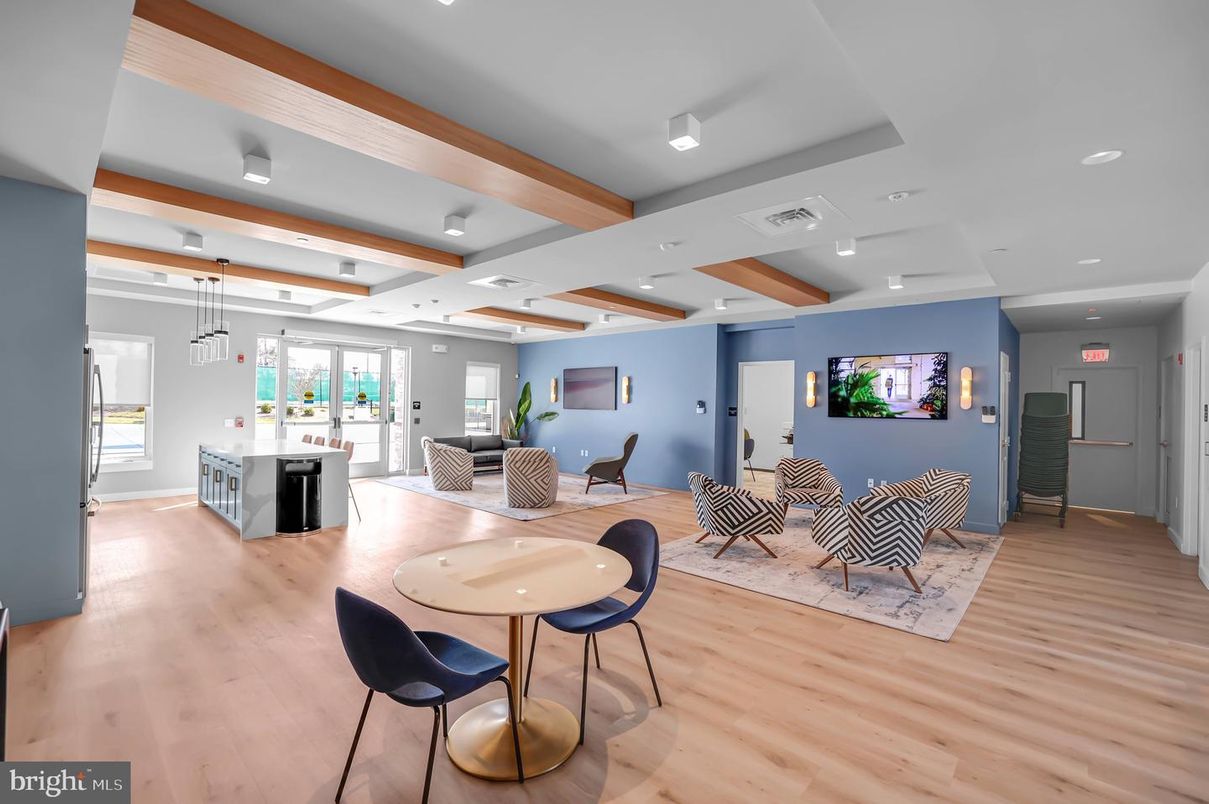 Dining room, Interior, Living room, Pendant Lights, Recessed Lighting, Wooden Beams, Wood Texture Flooring