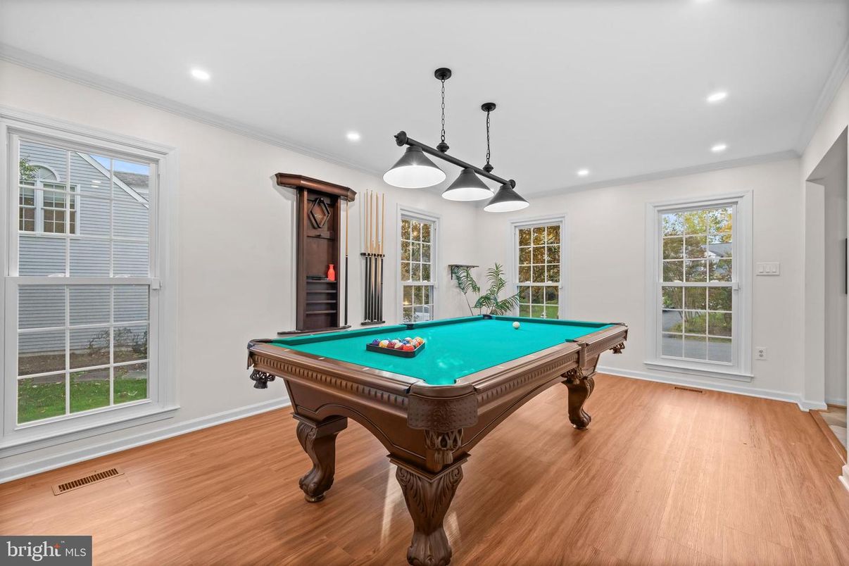 Billiard Table, Game Room, Interior, Pendant Lights, Recessed Lighting, Wood Texture Flooring